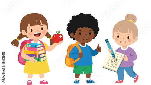 Cute diverse children with books and art supplies ready for school, promoting education and creativity