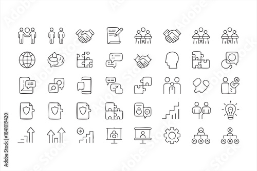Corporate teamwork vector icons for meetings leadership planning and workflow management