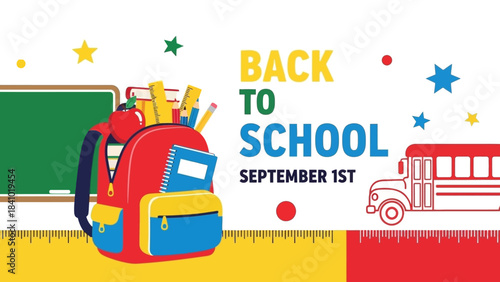 Back to School Banner Featuring a Backpack, School Bus, and Supplies - Welcome the New Academic Year