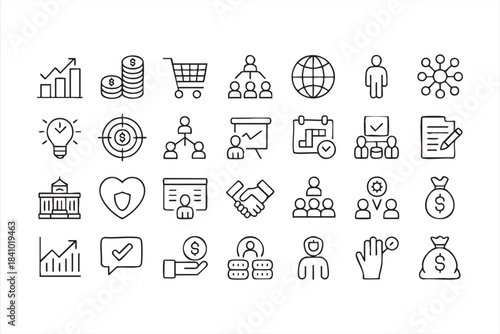 Business finance and management icons for analytics planning investment and corporate workflow
