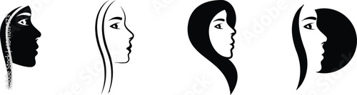 female, headshot, white, profiles, line, view, styles, silhouette, minimalist, artistic, representation, black, diverse,  side, head, simple, diversity, outline, identity, face, profile, woman, abstra