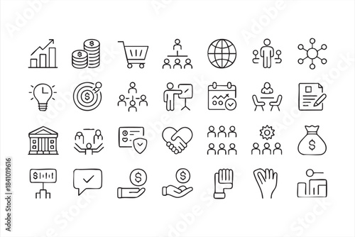 Finance and strategy line icons for growth reporting leadership teamwork and economic operations