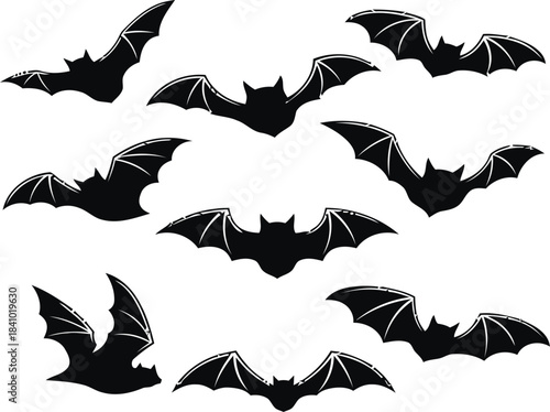 bat, silhouette, icon, flying, halloween, night, creature, animal, spooky, dark, graphic, design, simple, clean, isolated, white background, set, collection, horror, mammal, winged, creature of the ni