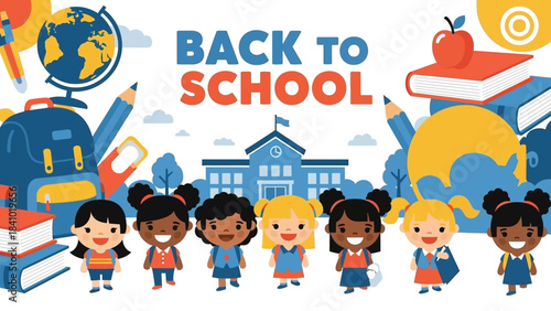 Enthusiastic diverse elementary students standing together, ready and eager for the new academic year surrounded by educational supplies and their school building