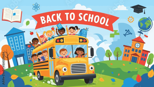 Joyful Children Riding a Bright Yellow School Bus on a Sunny Day, Ready for New Adventures and Learning, Celebrating the Excitement of Returning to School