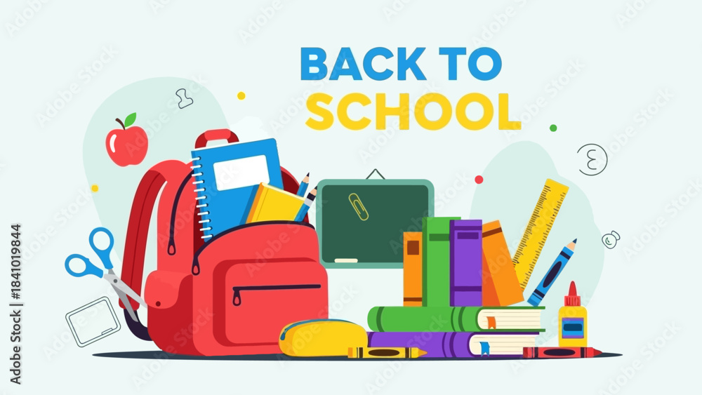 Fototapeta premium Vibrant 'Back to School' illustration showcasing a red backpack filled with essential school supplies, stacked books, and stationery, symbolizing the excitement of starting a new academic year