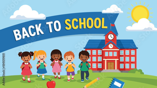 Back to School Cartoon Kids Walking Towards School Building With Sun and Clouds