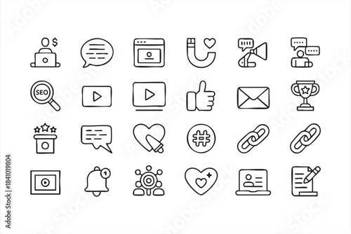 Social media marketing icon set for branding outreach audience targeting and digital strategy
