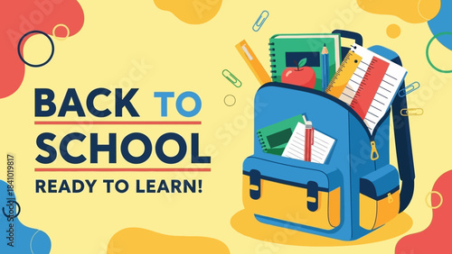 Back to School Ready to Learn Supplies Illustration with Backpack, Books, and Apple