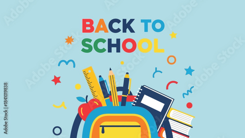 Dynamic 'Back to School' illustration with a packed backpack and educational items, conveying enthusiasm for the new academic year and the journey of learning