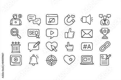 Marketing communication line icons for social platforms analytics interaction and audience tools