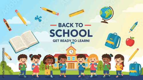 Cheerful diverse students eagerly heading to a vibrant school building with floating educational supplies, celebrating the excitement of starting a new academic year