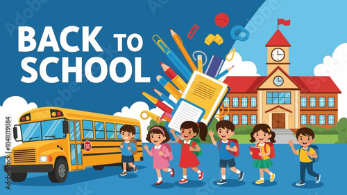 Back to School illustration featuring a yellow school bus and children with backpacks walking towards a school building with books and school supplies