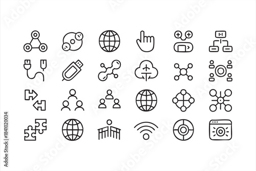 System network outline icons for data exchange cloud structures global access and device integration