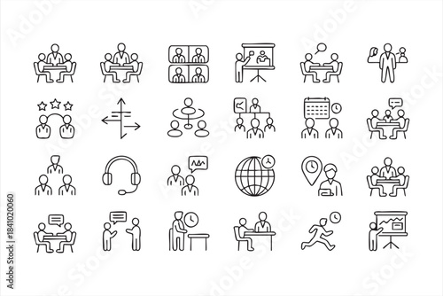 Business meeting and teamwork line icons for collaboration communication scheduling and workflow