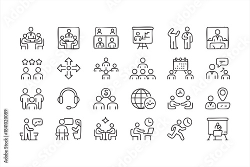 Collaboration and meeting outline icons for business sessions time planning and global coordination