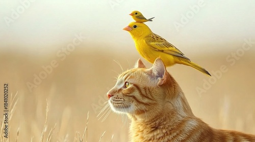 Bright Yellow Warbler Perched Playfully On A Sunlit Cat's Head In A Golden Field