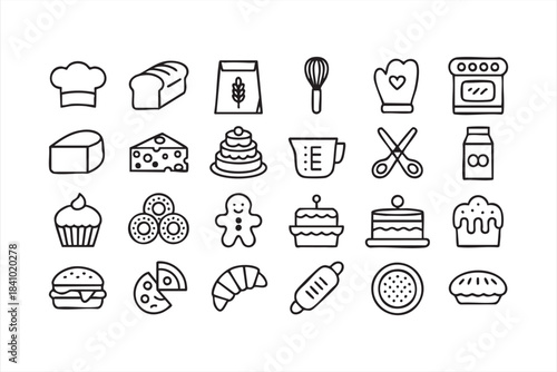Culinary baking symbols for cake making pastry work ingredient prep and bakery workflow