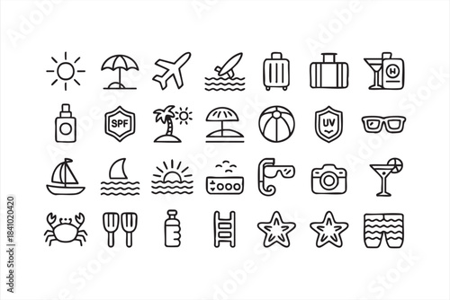 Vacation and seaside vector icons for summer travel sun gear swimming and coastal tourism