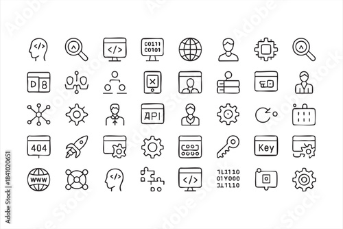 Coding and web design outline icons for programming UI structure debugging and optimization