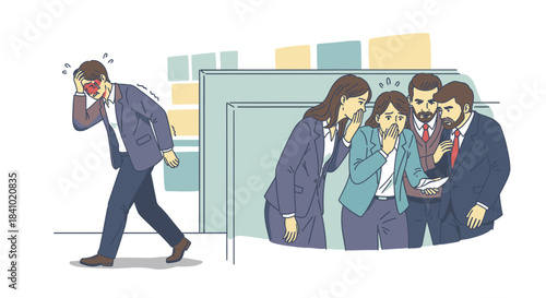 This illustration vividly portrays a man in emotional distress, walking away from gossiping colleagues, symbolizing the harsh reality of workplace bullying.