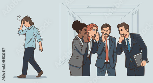 A distressed person walks away from gossiping colleagues in an office, highlighting the painful effects of workplace bullying, rumor, and social exclusion.