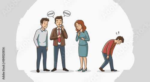 A group of colleagues engages in negative gossip, causing one individual to feel excluded and walk away dejectedly, highlighting workplace social issues.