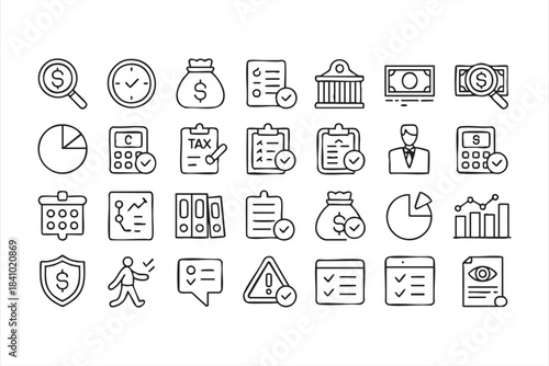 Financial management line icons for budgeting reports documentation and audit workflows