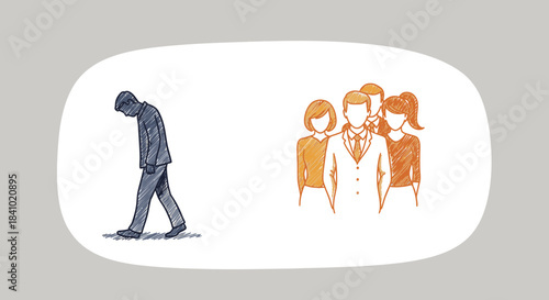 This illustration depicts a lone person feeling isolated and separated from a unified group, symbolizing social exclusion and the challenge of finding connection.