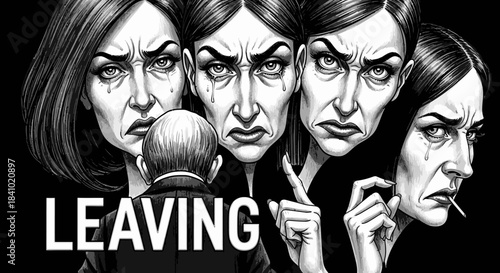 Dramatic monochrome artwork illustrating the painful aftermath of a man's departure, leaving a woman to grapple with an array of intense, sorrowful emotions.