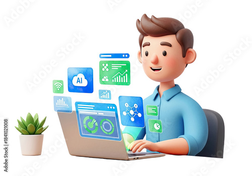 3d cartoon man working on laptop with digital screens isolated on transparent background