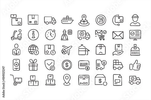 Ecommerce Logistics and Delivery Line Icons for Shipping, Tracking, and Online Stores