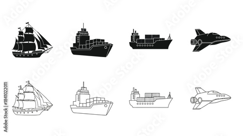 Variety of transportation vehicles ships boats and spacecraft in silhouette styles