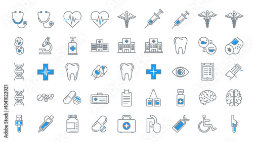 Vector set of diverse medical and healthcare icons, ideal for modern asset design. Essential symbols for clinics, hospitals, and health technology graphic illustrations in a clean outline style