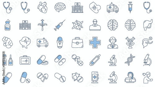 Modern medical and healthcare vector icon collection, ideal for digital asset design, featuring essential hospital, science, and wellness symbols for various applications