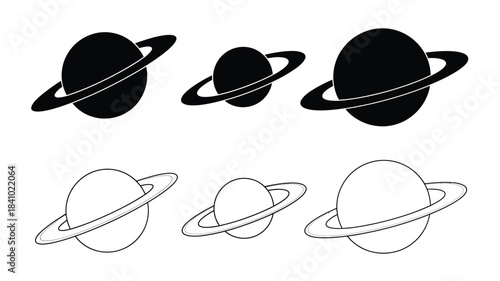 Simple illustration of planets with rings and their outline versions