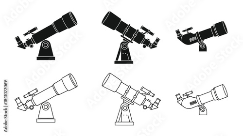 Collection of black and white telescope illustrations in various perspectives