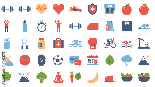 Modern flat vector icon set for health, fitness, and wellness asset design, illustrating an active lifestyle with diverse sport, nutrition, and personal care graphic elements