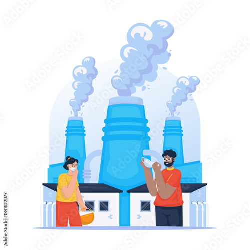 People Wearing Masks to Protect Themselves from Industrial Air Pollution Vector Illustration