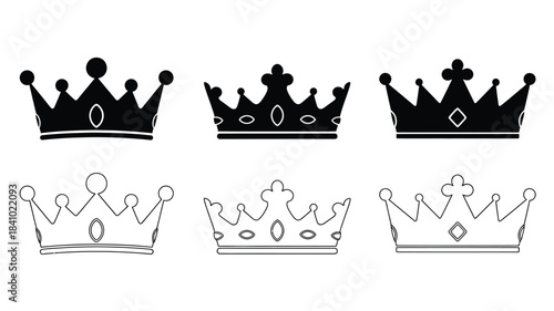 Black and white illustration of three solid and three outlined crowns