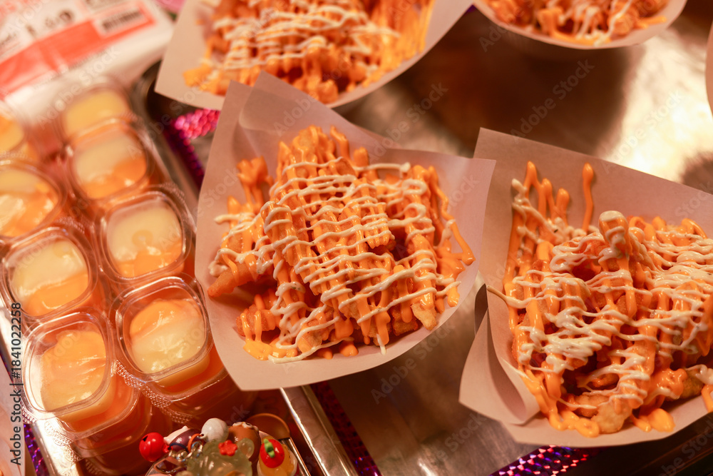 Fototapeta premium Appetizing street food, close up of delicious waffle fry with sauce topping at food stall. This fast food popular snack available for takeaway at night market