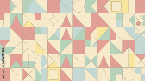 Dynamic vector pattern featuring a playful arrangement of diverse geometric elements in a retro pastel color palette, ideal for contemporary graphic asset design