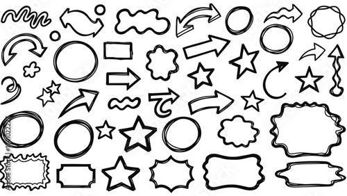 Dynamic vector collection of hand-drawn graphic elements, featuring diverse arrows, organic shapes, artistic frames, and unique doodles. Perfect for creative asset design, adding a whimsical touch