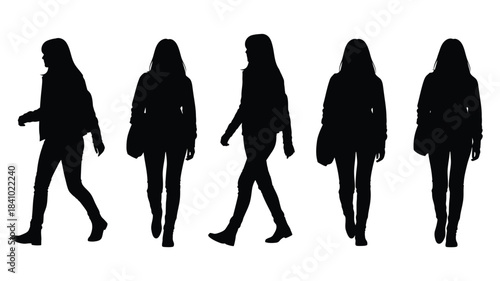 Silhouettes of five women in different walking poses a black and white image