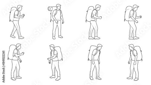 Line art illustration of hikers with backpacks in various poses
