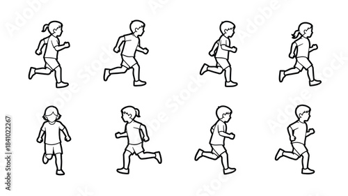 Simple black and white illustration of children running in a grid pattern