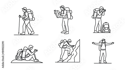 Line art illustrations depicting hikers in various poses and outdoor settings