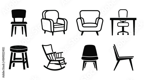 Simple black and white illustrations of various types of furniture seating