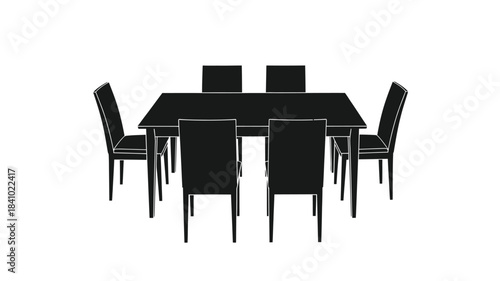 Simple black silhouette of a rectangular dining table with six chairs