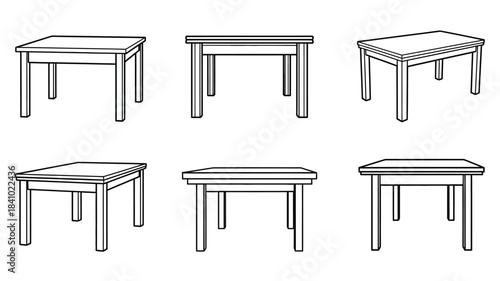 Simple line drawing of six different styles of tables illustrated in black and white